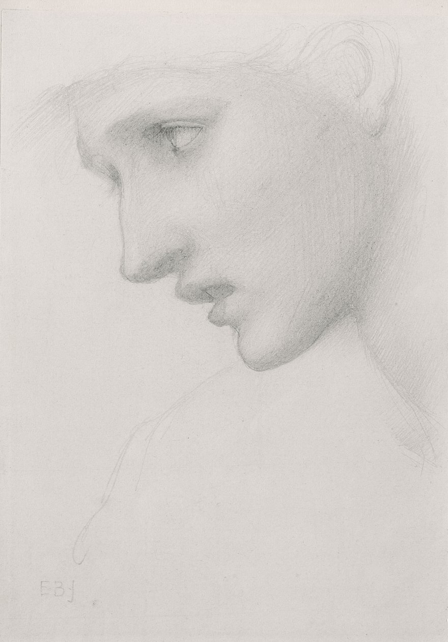 Naisen pää profiilissa vasemmalla tekijältä Edward Burne Jones
