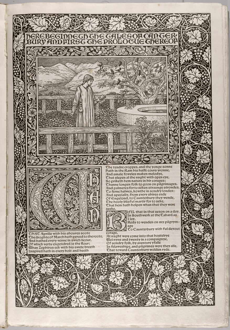 Etukappale teoksesta "The Works of Geoffrey Chaucer, nyt juuri painettu", kaivertanut William Morris (1834-96) 1896 tekijältä Edward Burne Jones