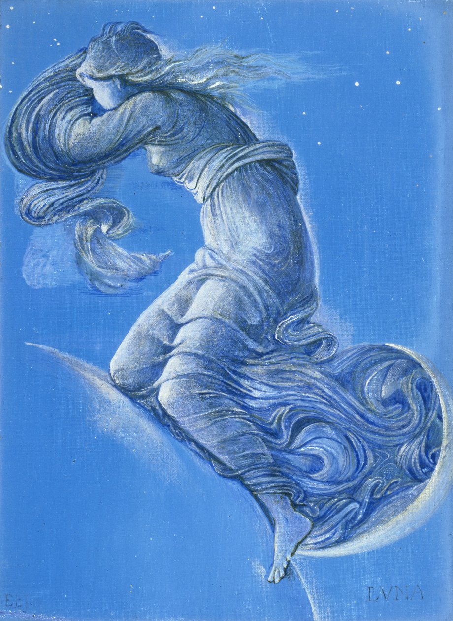 Luna (wc, vartaloväri, lyijykynä ja hopea maali pellavalle) tekijältä Edward Burne Jones