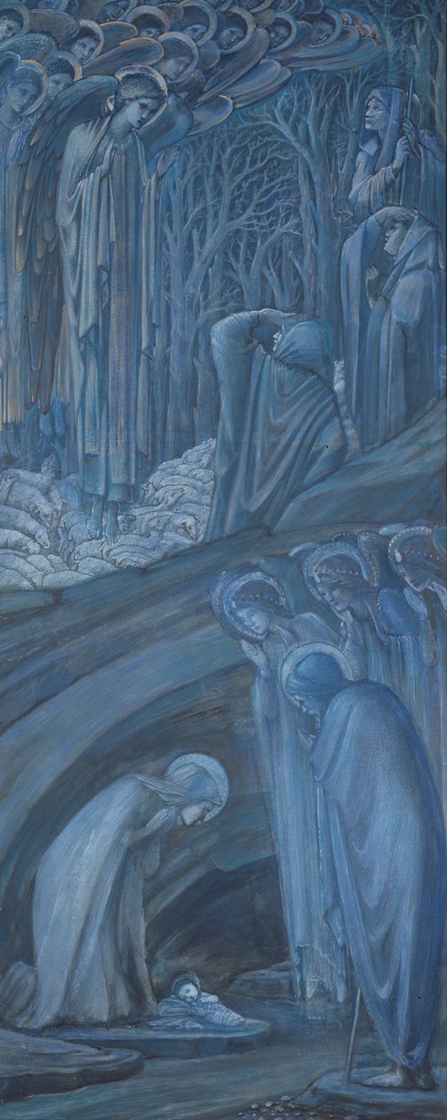 Syntymä, 1887 (guassi ja kultamaali paperille) tekijältä Edward Burne Jones