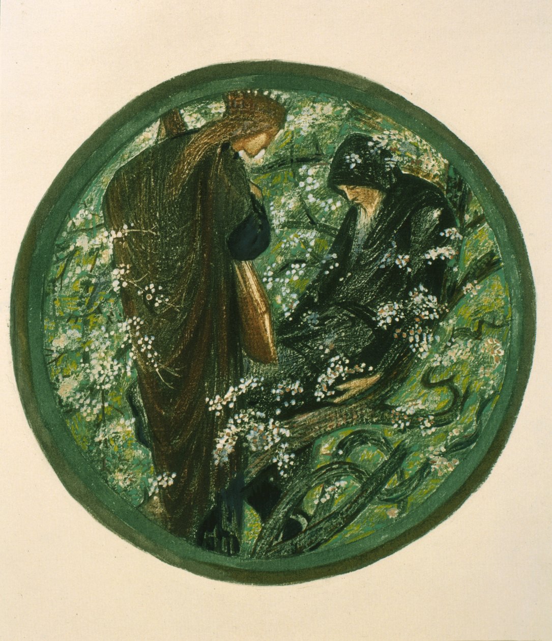 Nimue Beguiling Merlin lumouksella, levy XV Kukkakirjasta tekijältä Edward Burne Jones