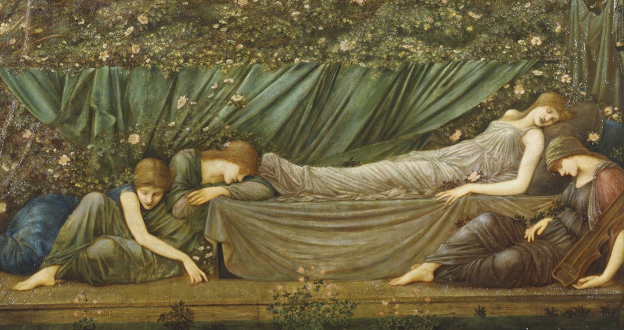 Prinsessa oleva kaunotar, kuvitus teoksesta "The Legend of the Briar Rose", 1871-72 tekijältä Edward Burne Jones