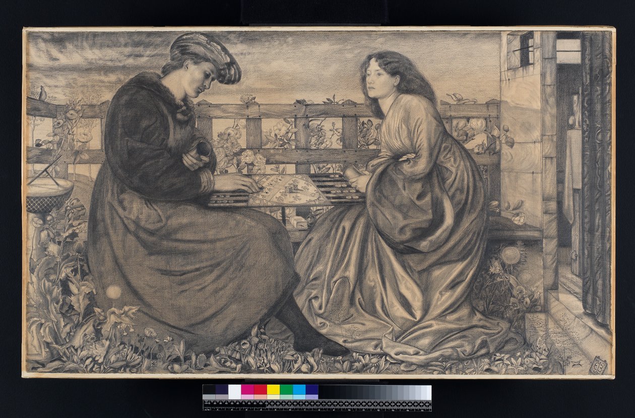 Backgammon Players (musta liitu, jossa hieman vartaloväriä paperilla) tekijältä Edward Burne Jones