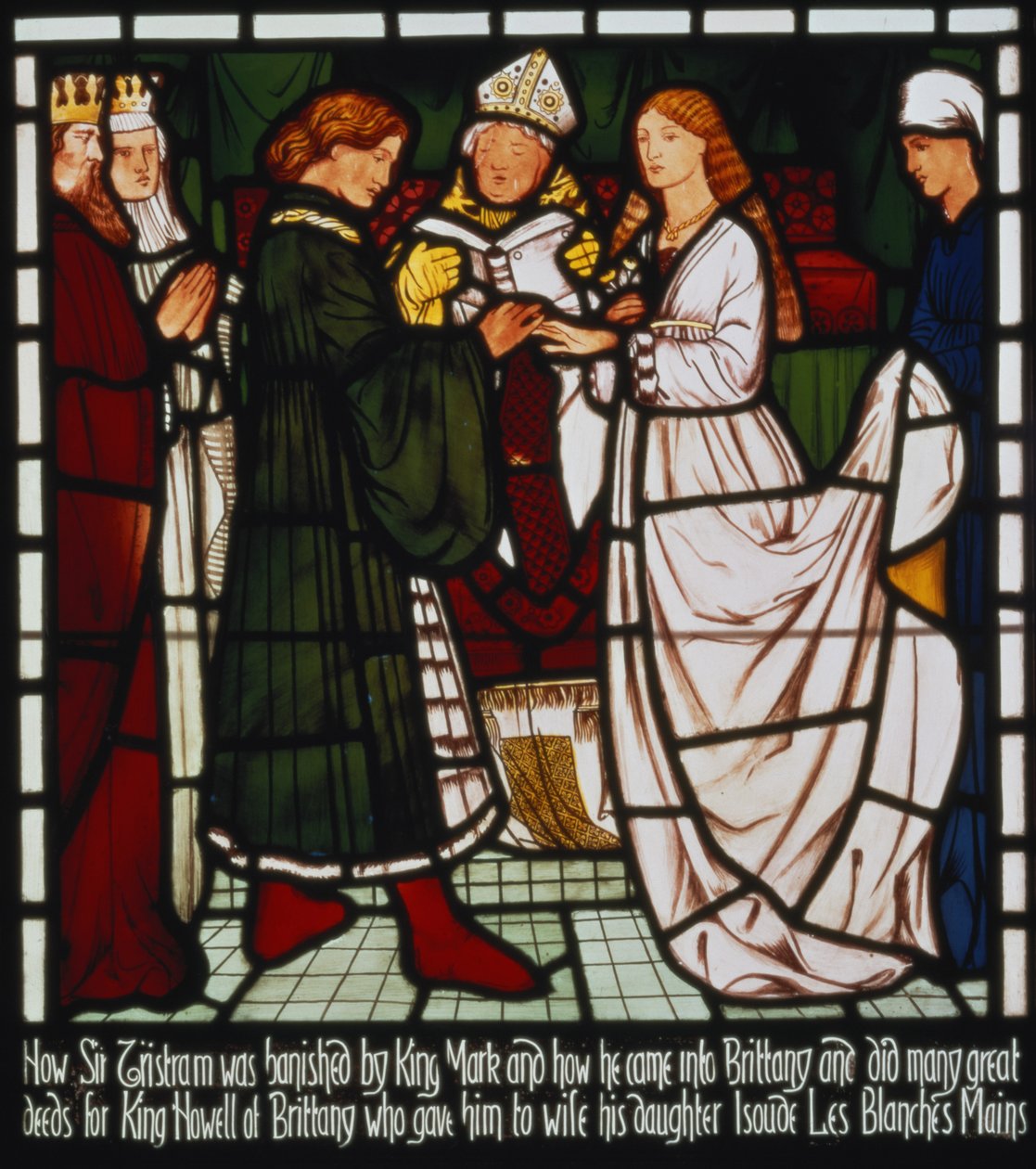 Tristanin ja Valkokäsien Isoolden, Bretagnen hallitsijan tyttären hää, "Tristanin ja Isoolden tarina", William Morris und Co. (lasimaalaus) tekijältä Edward Burne Jones