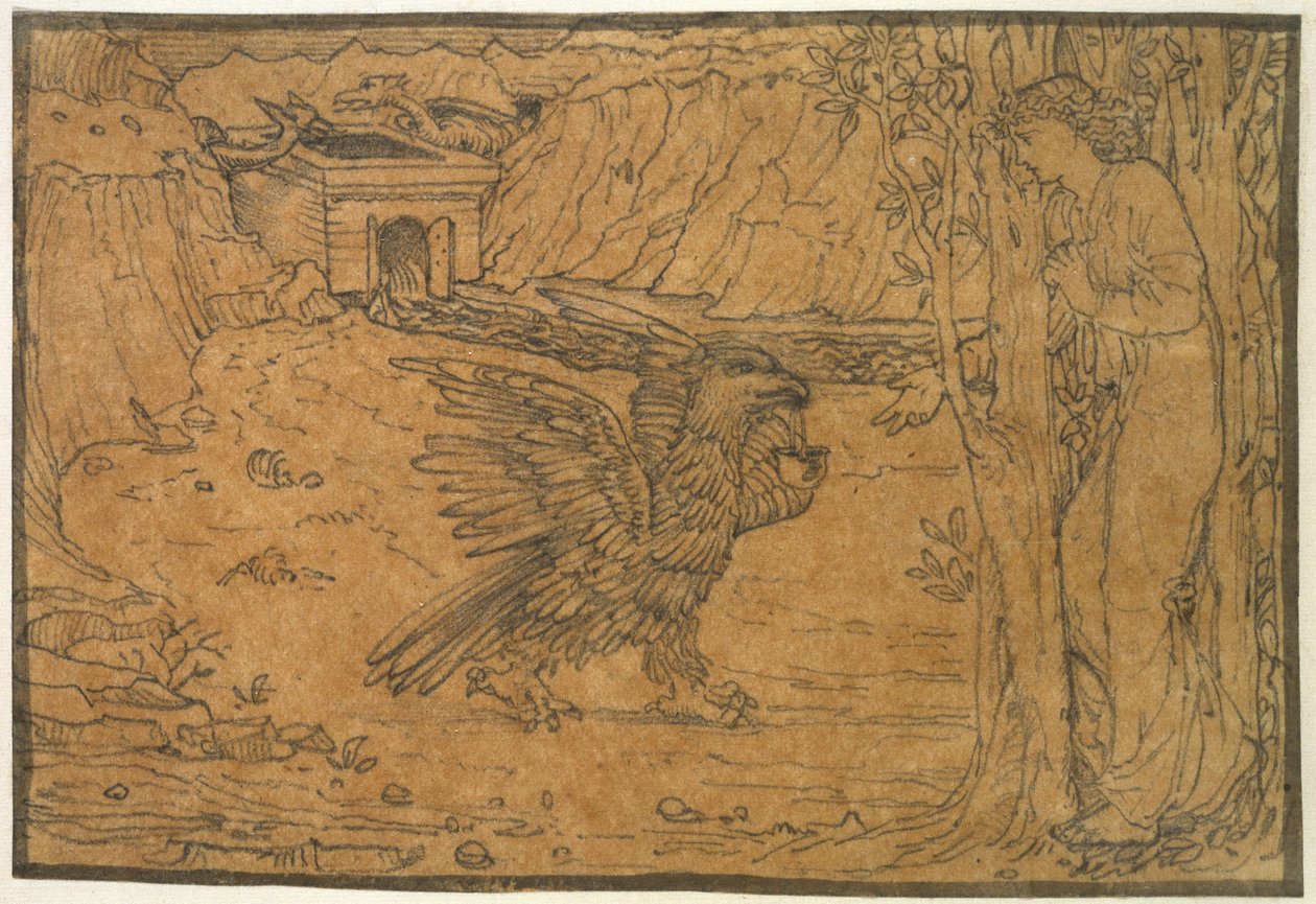 Tarina Cupidosta ja psyykestä: Musta vesi, n. 1864 - n. 1868 (grafiitti, mustereunuksella, kuultopaperilla) tekijältä Edward Burne Jones