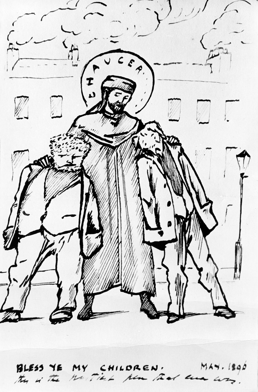 William Morris ja Edward Burne-Jones ovat Chaucerin siunaamia, sarjakuva, 1896 (kynä ja muste) (bw print) tekijältä Edward Burne Jones