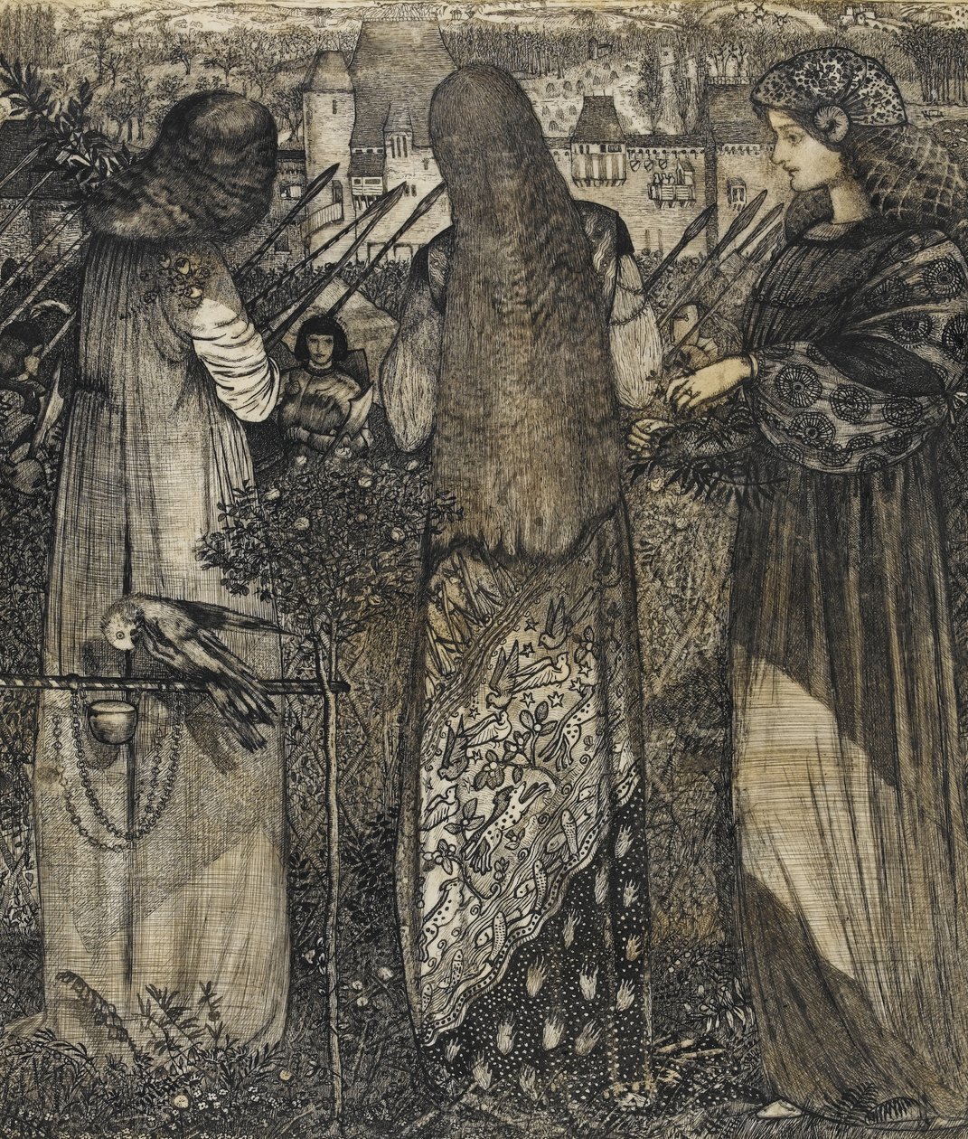 Taisteluun lähdössä, 1858 (tussi ja pesu pergamentille) tekijältä Edward Burne Jones