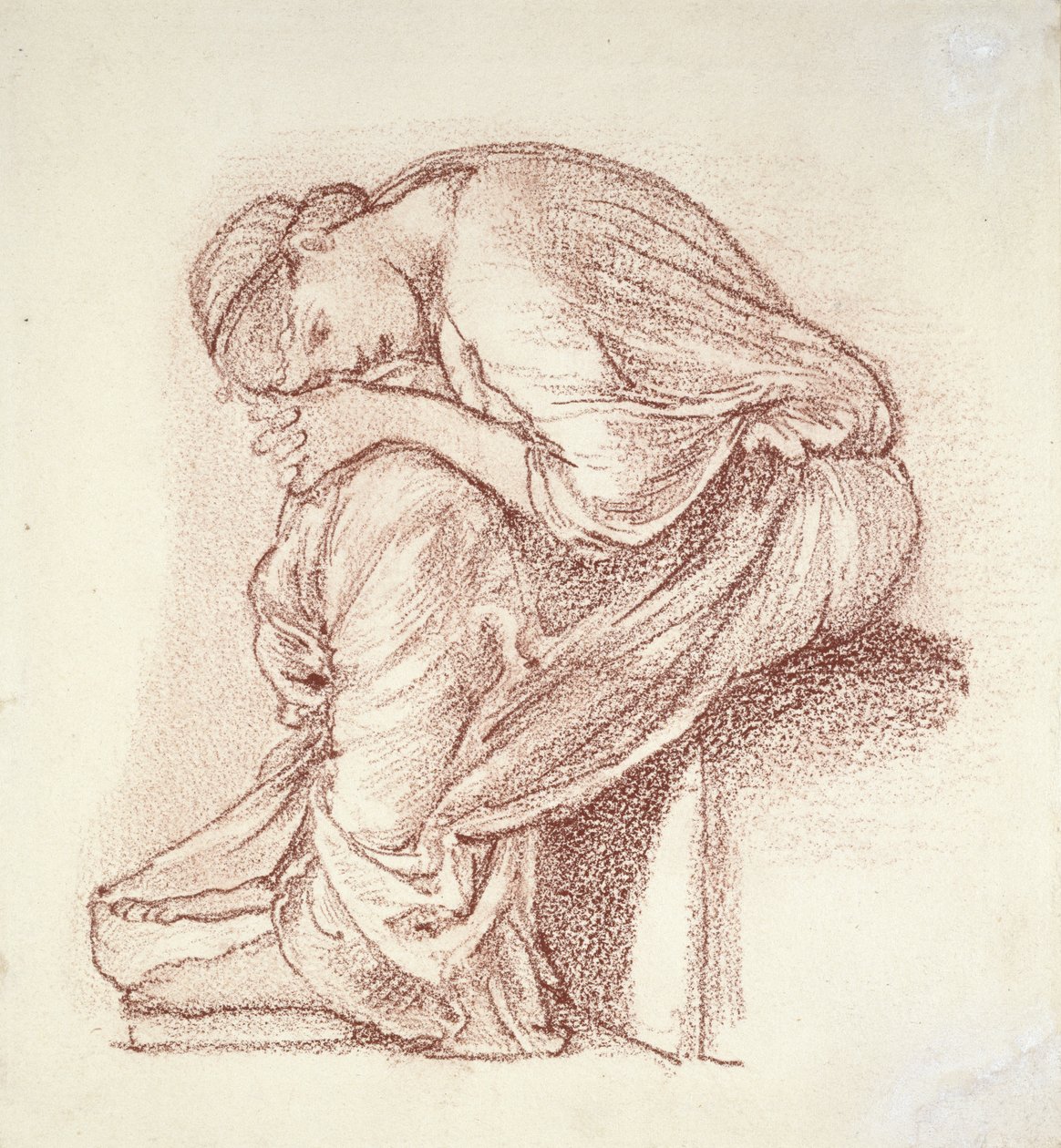 Istuva naisen hahmo (tummanpunainen liitu valkoisella paperilla) tekijältä Edward Burne Jones