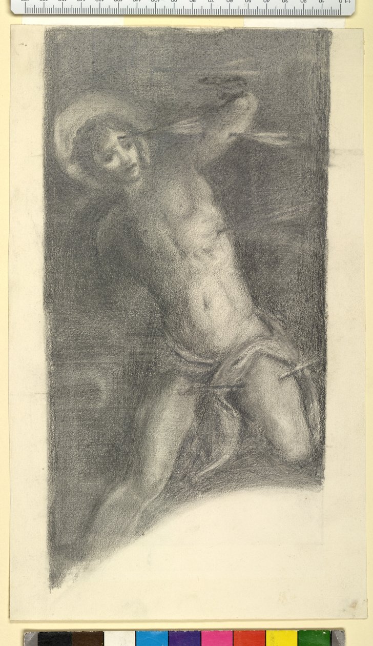 Tutkimus Tintoretton Pyhästä Sebastianista Scuola Grande di San Roccossa, 1859 tai 1862 (musta liitu ja grafiitti kudospaperilla) tekijältä Edward Burne Jones