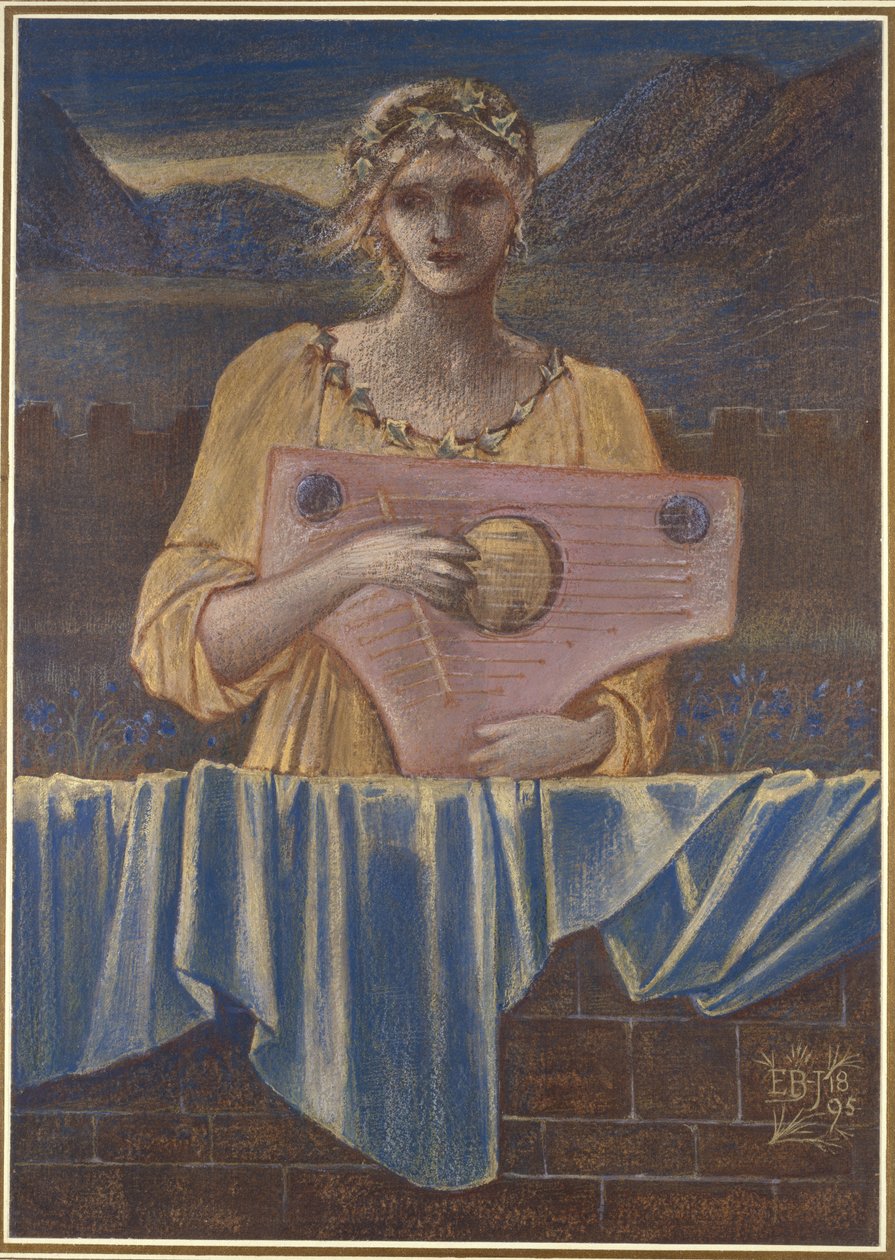 Tutkimus naisesta soittimen kanssa, 1895 (Värilliset liidut kultamaalilla ja akvarelleilla) tekijältä Edward Burne Jones