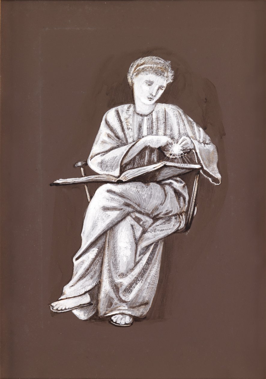 Tutkimus istuvasta tytöstä kirjan kanssa (ruskea ja valkoinen vartaloväri paperilla) tekijältä Edward Burne Jones
