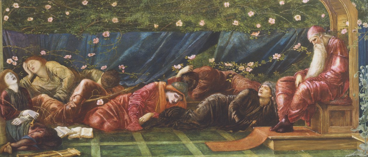 Kuningas ja tuomioistuin, kuvitus teoksesta "The Legend of the Briar Rose" 1871-72 tekijältä Edward Burne Jones