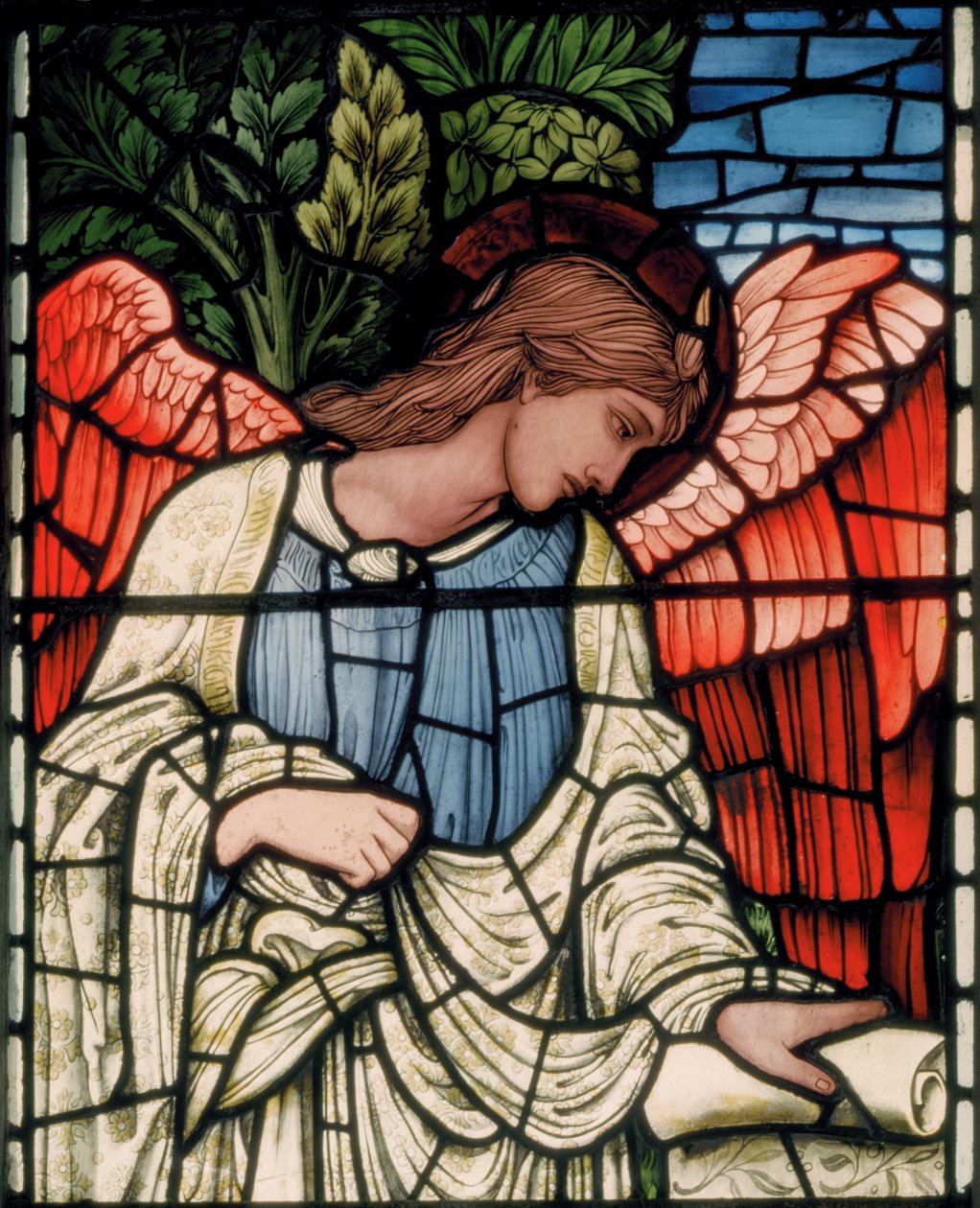 Birmingham, Acocks Green, St Mary The Virgin, Morris & Co., Edward Burne-Jones, John Henry Dearle (1859-1932), Angel with Scroll, yksityiskohta, 1895 tekijältä Edward Coley and Dearle Burne Jones