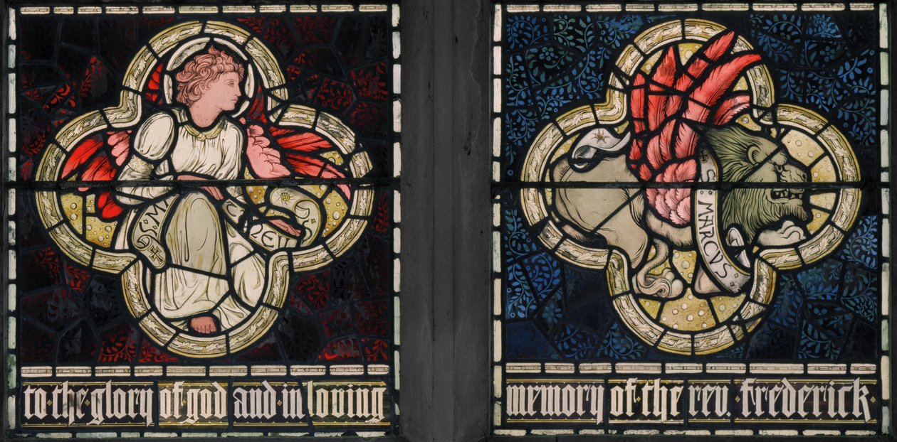 Birmingham, Acocks Green, St Mary The Virgin, Morris & Co., Edward Burne-Jones, John Henry Dearle (1859-1932), Symbols of The Evangelists, St Matthew & St Mark, 1895 tekijältä Edward Coley and Dearle Burne Jones