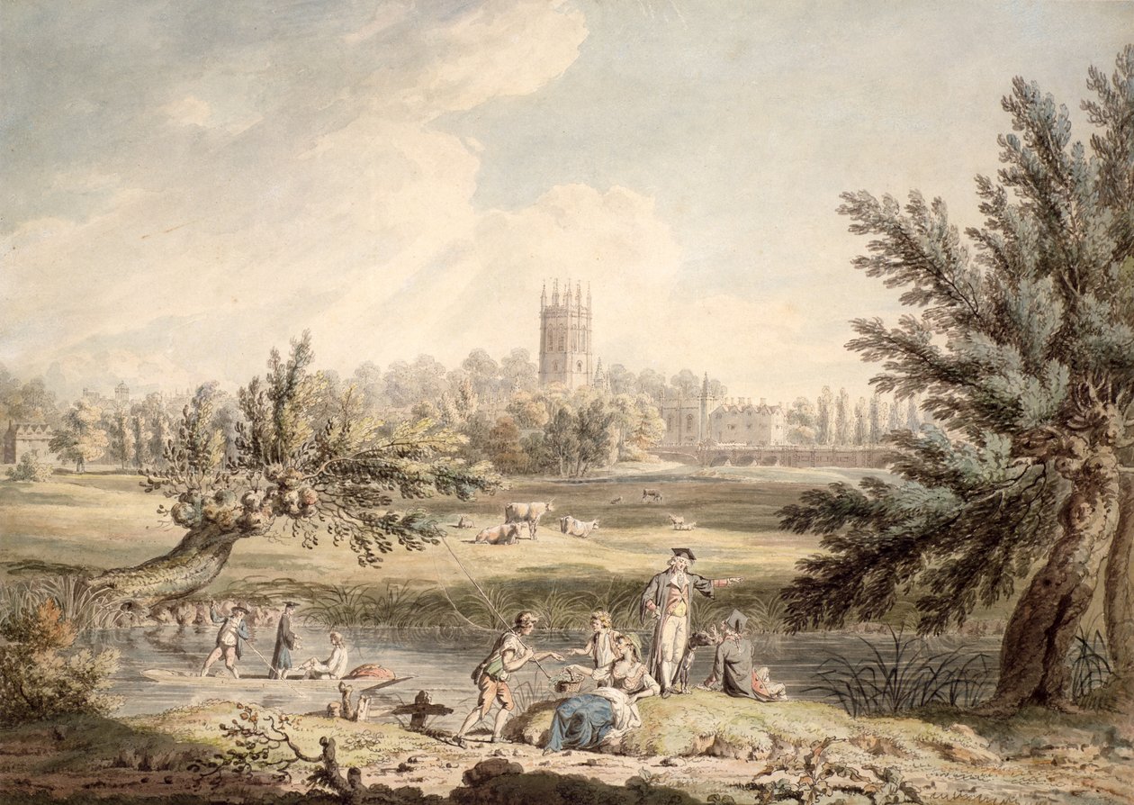 Magdalen College, Oxford, Näkymä Cherwellistä Looking North West, 1791-92 (wc ja kynä ja muste paperille) tekijältä Edward Dayes