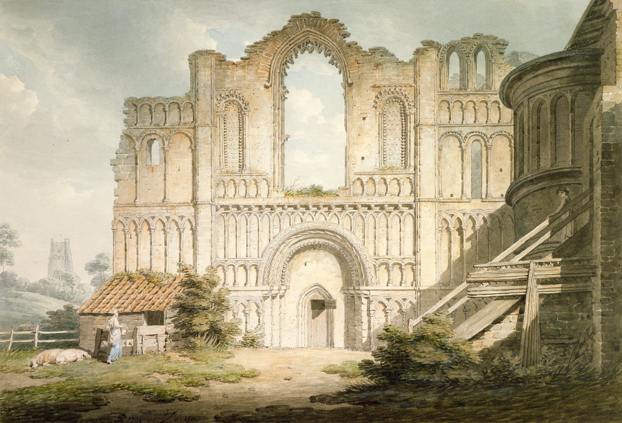 PD.56-1958 Castle Acre Priory Churchin länsirintama, lähellä Downhamia, Norfolk, 1796 (akvarelli ja kynä paperille) tekijältä Edward Dayes