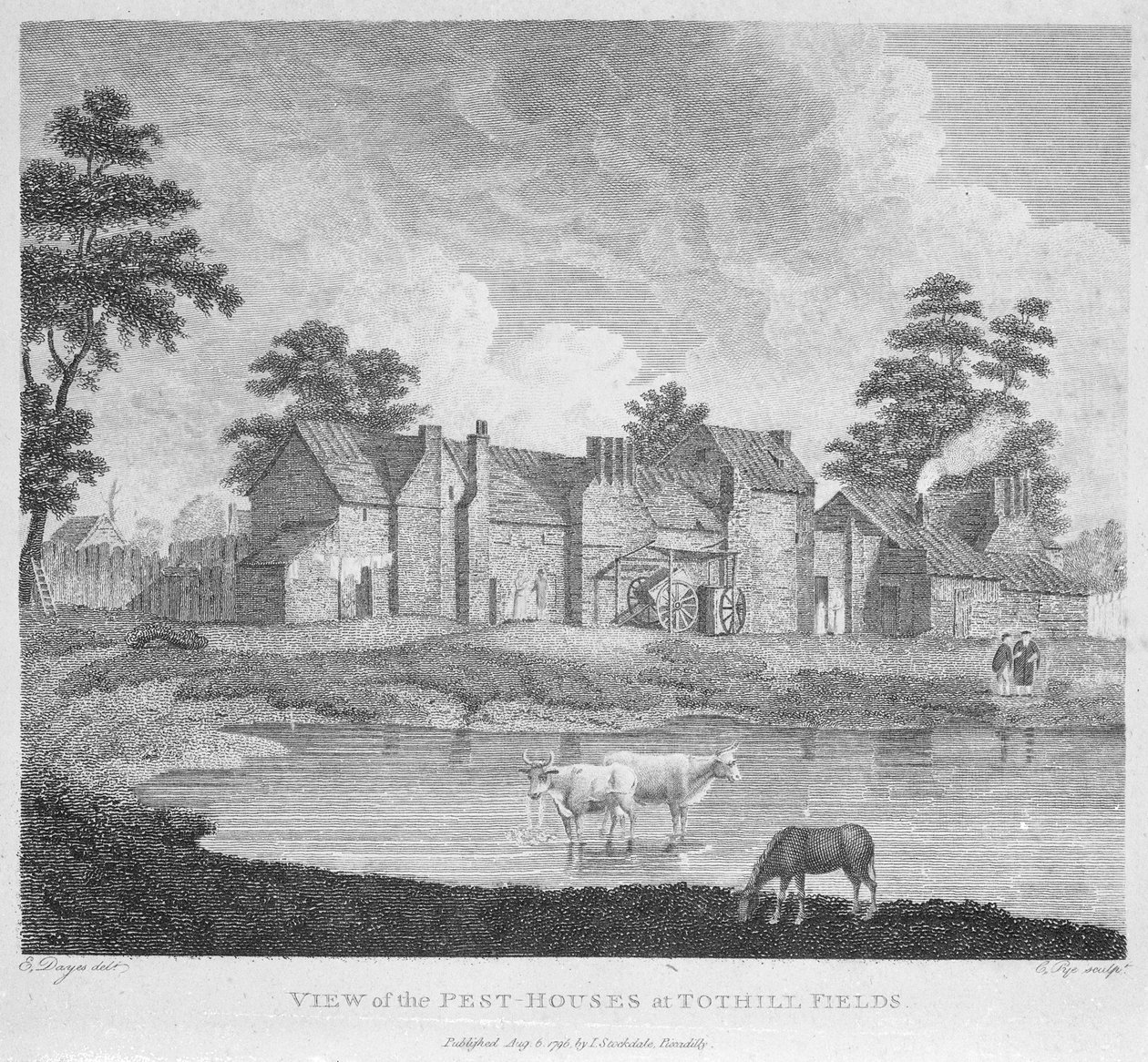 Charles Pyen kaivertama näkymä Tothill Fieldsin tuhotaloista, 1796 tekijältä Edward Dayes