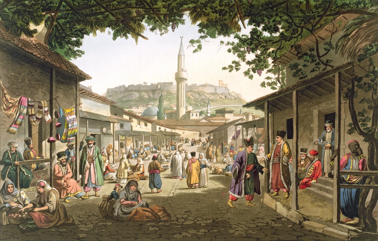 Bazaar Ateenassa, levy 1 osasta 1 "Näkymät Kreikassa", kaiverrus T. Fielding, pub. 1821 (akvatinta) tekijältä Edward Dodwell