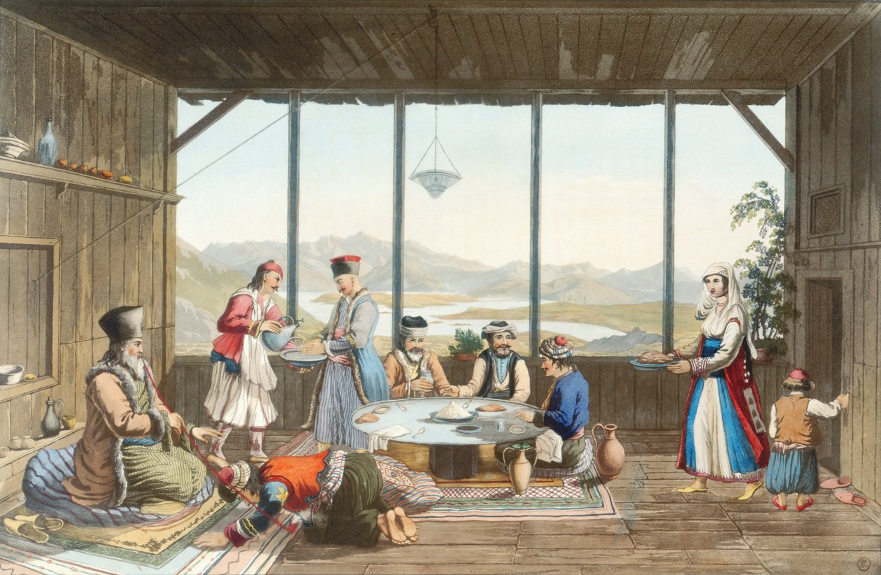 Chryson kylän vanhin illallinen Delphissä taidemaalarin kunniaksi, levy 10 osasta "Näkymät Kreikassa" osasta 2, kaiverrettu T. Fielding, pub. 1821 (värillinen akvatinta) tekijältä Edward Dodwell