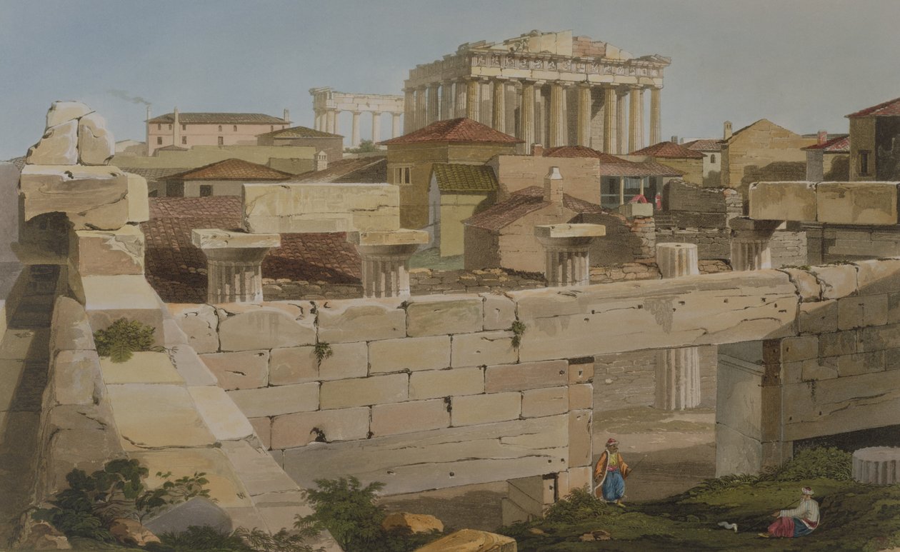 Näkymä Parthenonille Propyleasta, levy 7 osasta 2 "Näkymät Kreikassa", kaiverrettu J. Bailey, 1819 (akvatinta) tekijältä Edward Dodwell