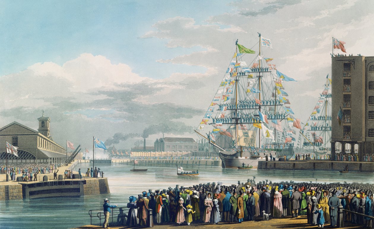 St. Katharine Docksin avajaiset lauantaina 25. lokakuuta 1828 (värikaiverrus) tekijältä Edward Duncan