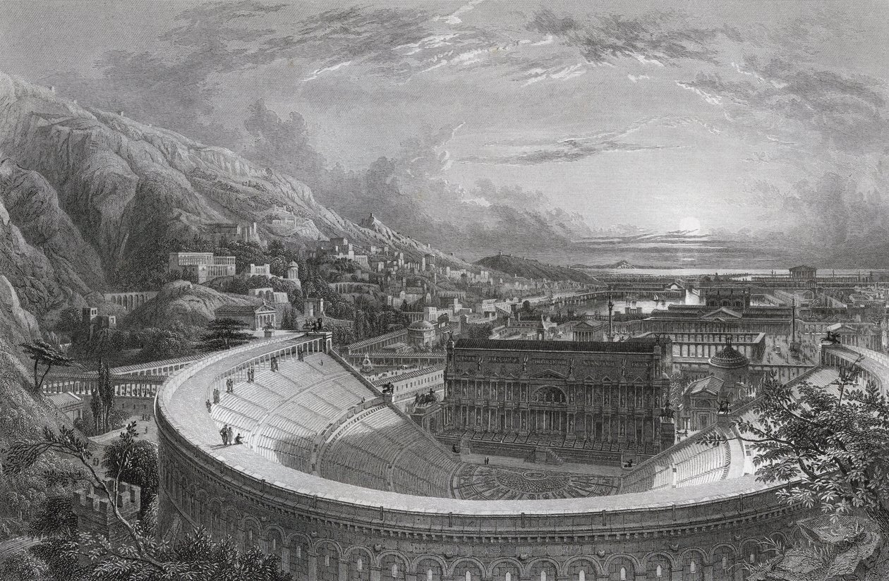 Muinainen Efesos teatterin ylhäältä, kaiverrettu William Richardsonin (1842-77) "The Imperial Bible Dictionary" -sanakirjasta, julkaisija Blackie und Son, noin 1880-luku tekijältä Edward Falkener