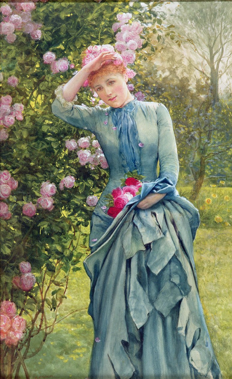 Gathering Roses, n. 1880 (akvarelli paperille) tekijältä Edward Killingworth Johnson