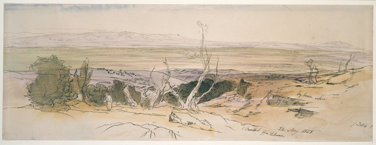 Baalbek Libanonista, 1858 (akvarelli ja kynä ja musta muste grafiittimerkinnöillä) tekijältä Edward Lear