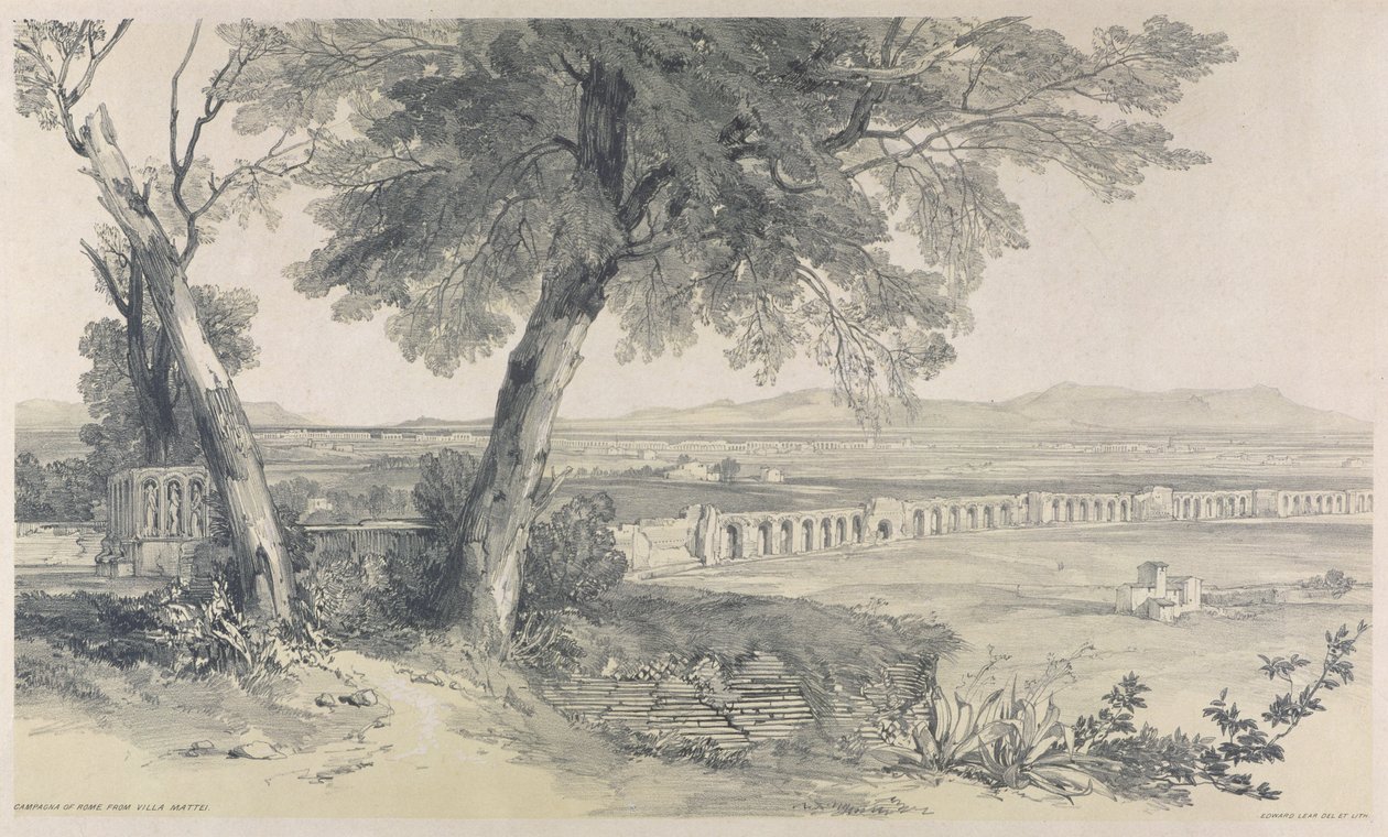 Rooman Campagna Villa Matteista, Näkymät Roomassa ja sen ympäristössä, 1841, (litho raskaalle kudospaperille) tekijältä Edward Lear