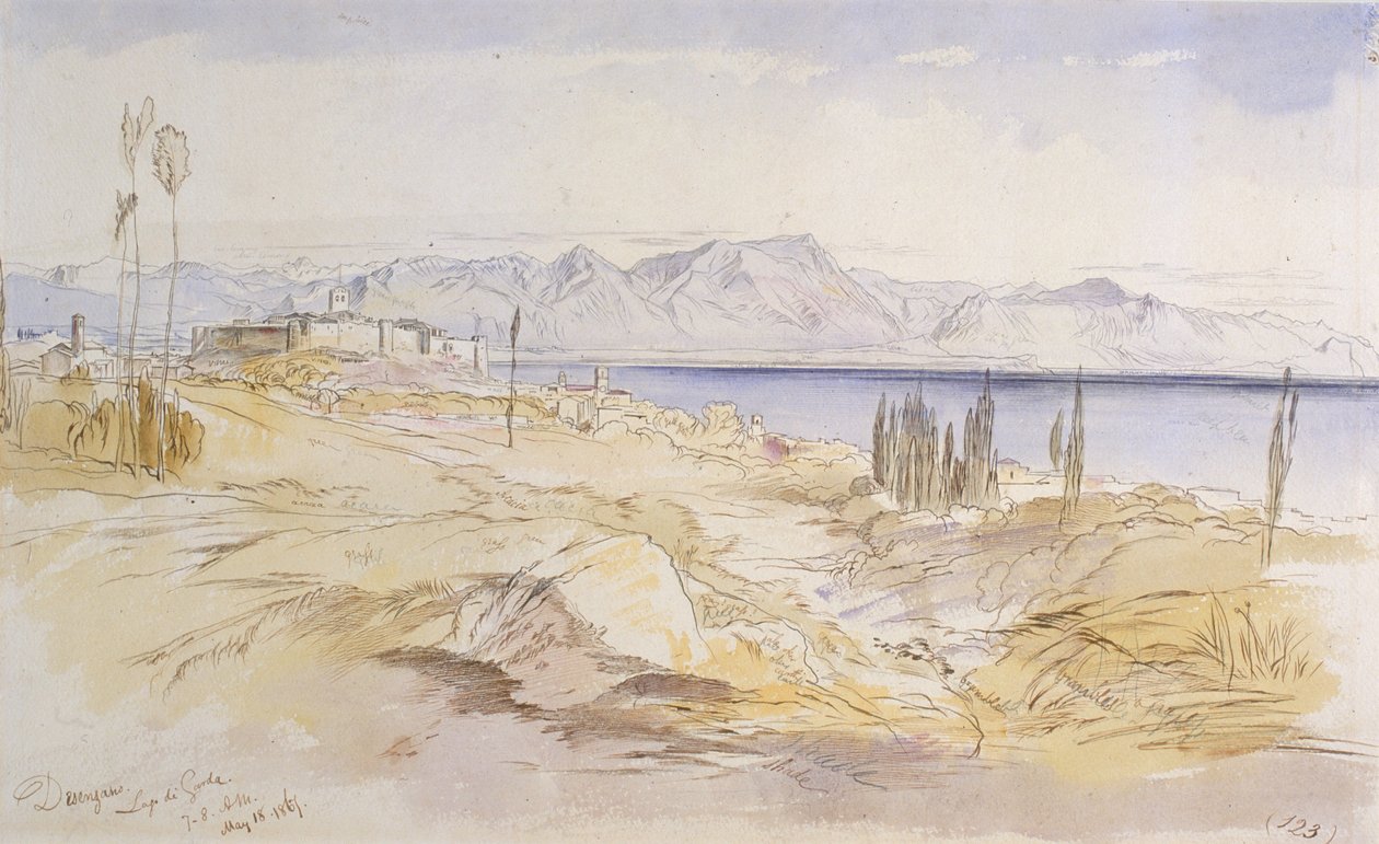 Desenzano, Gardajärvi, 1867 (muste ja wc vohvelipaperille) tekijältä Edward Lear