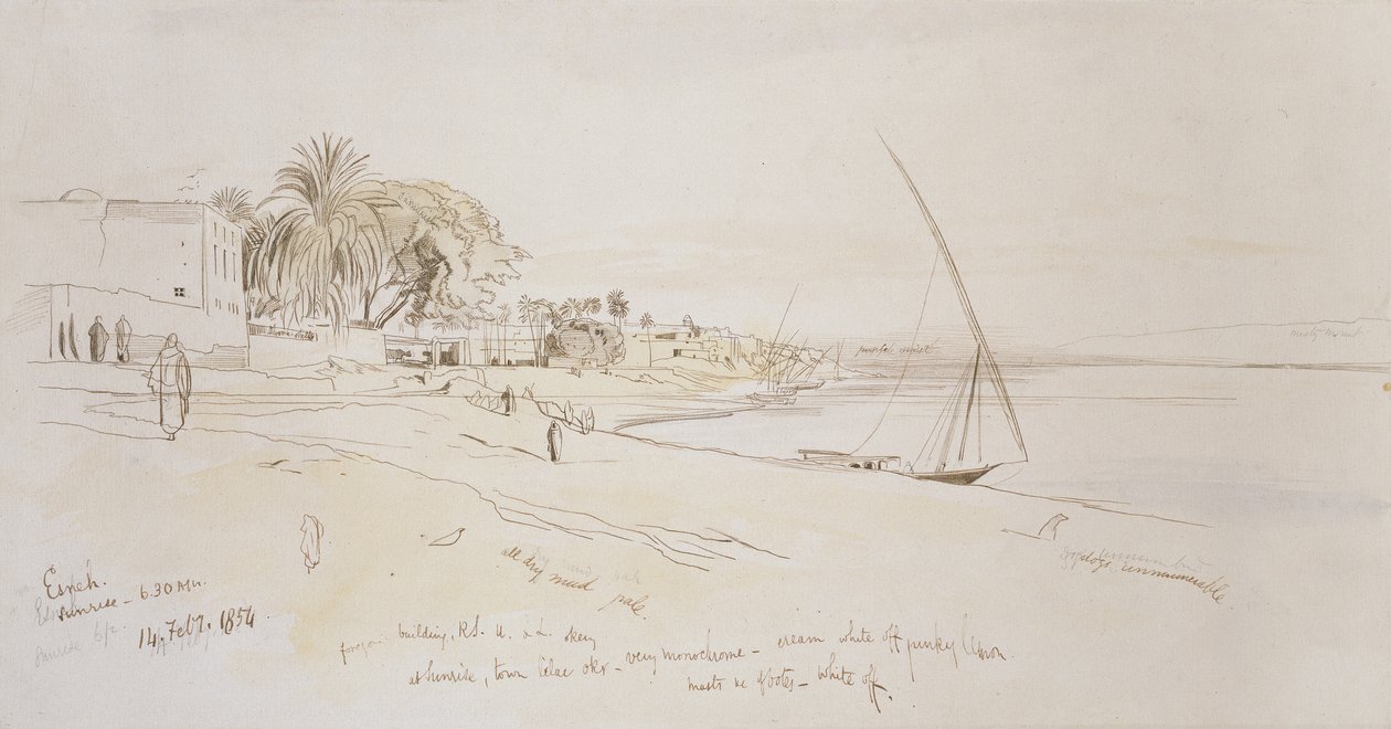 Esneh, Egypti, 1854 (kynä ja ruskea muste, akvarelli grafiitin päällä luonnonvalkoiselle paperille) tekijältä Edward Lear