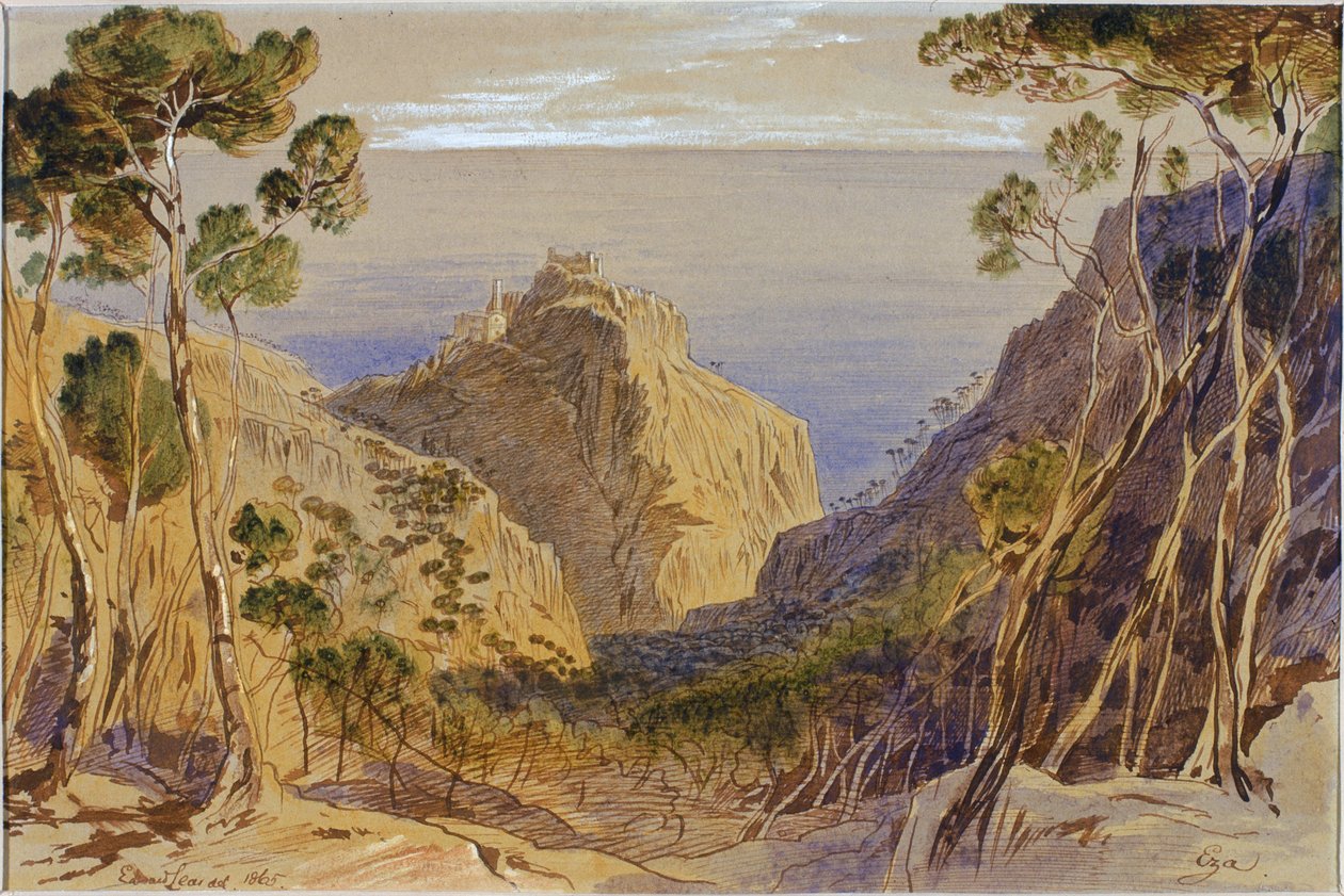 Eza, Ranska, 1865 (muste ja wc paperilla) tekijältä Edward Lear