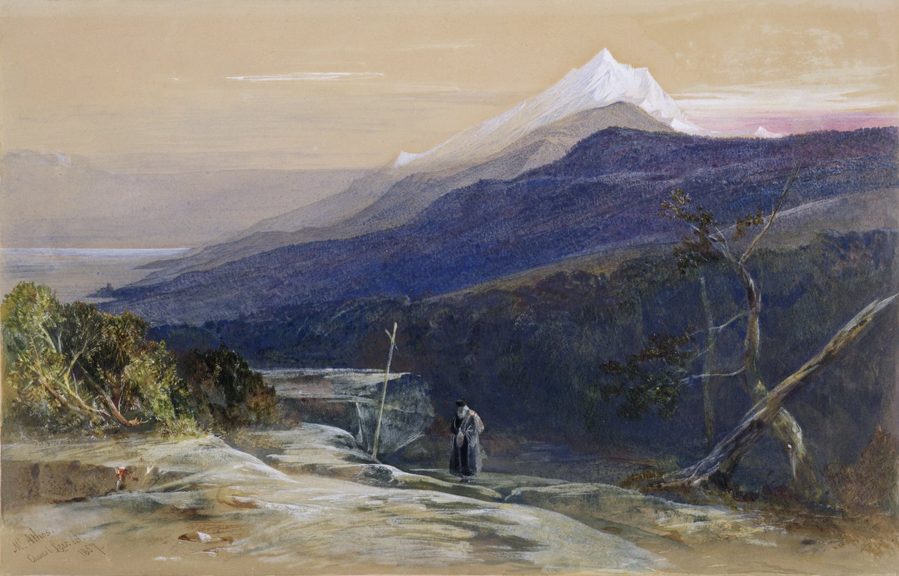 No.0950 Mount Athos, 1857 (wc, guassi ja liitu) tekijältä Edward Lear