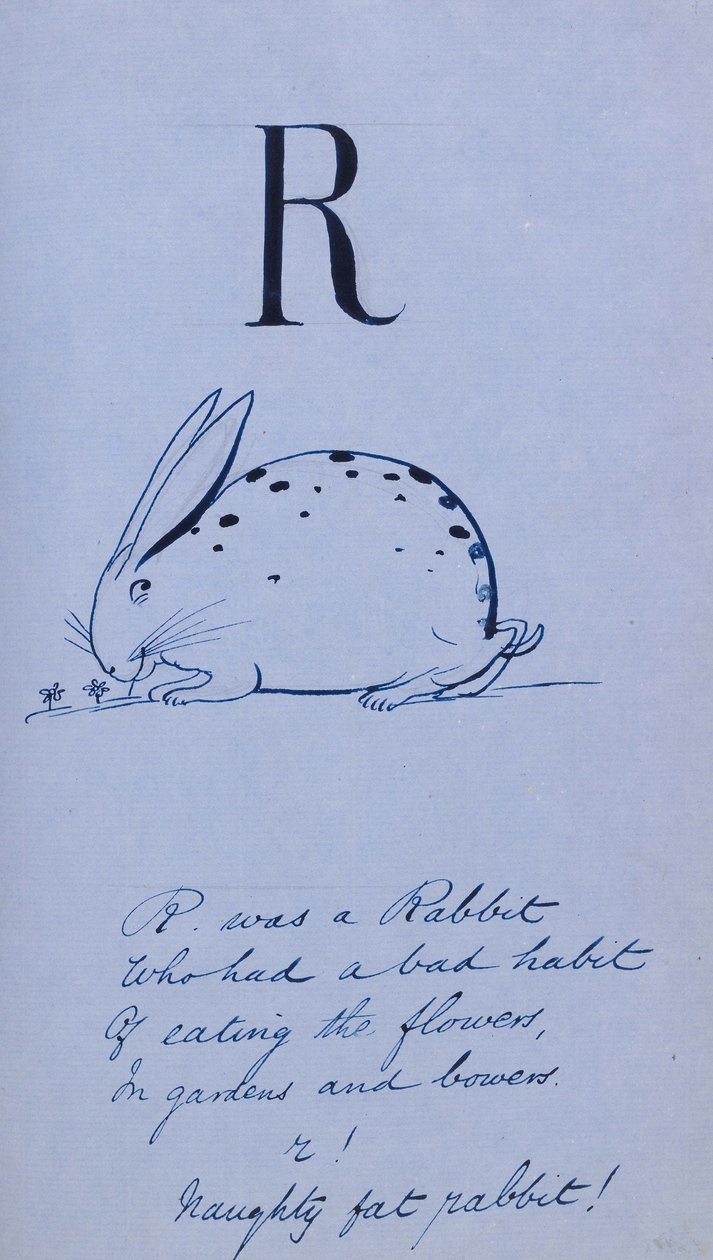 Nonsense Alphabet - R, 1860 (kynä ja muste sinisellä paperilla, jonka tausta on pellava) tekijältä Edward Lear