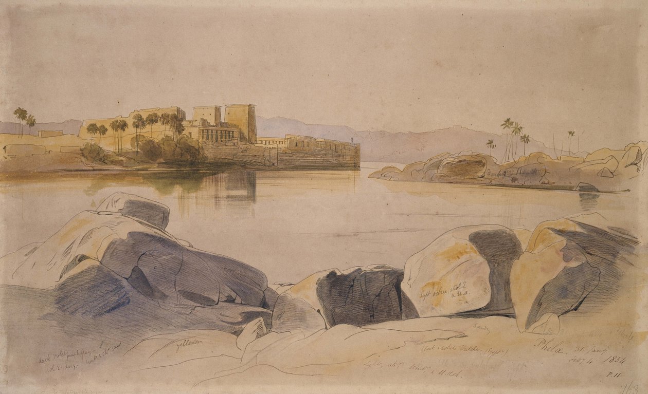 Philae, Egypti, 1854 (Kynä ja musta muste, grafiitti ja akvarelli ruskealle paperille) tekijältä Edward Lear