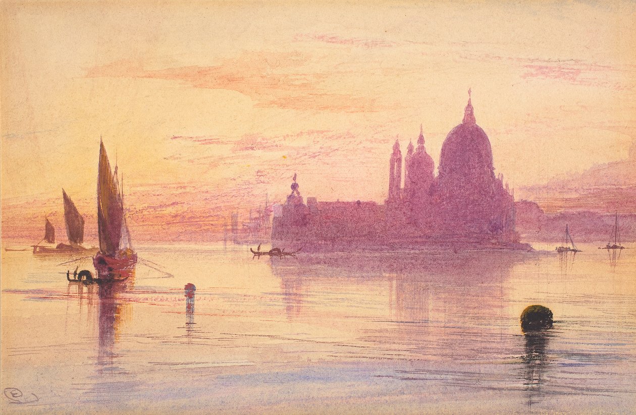 Santa Maria della Salute, Venetsia, auringonlaskun aikaan, 1865-84 (akvarelli ja guassi grafiitin päälle, vohvelipaperi). tekijältä Edward Lear