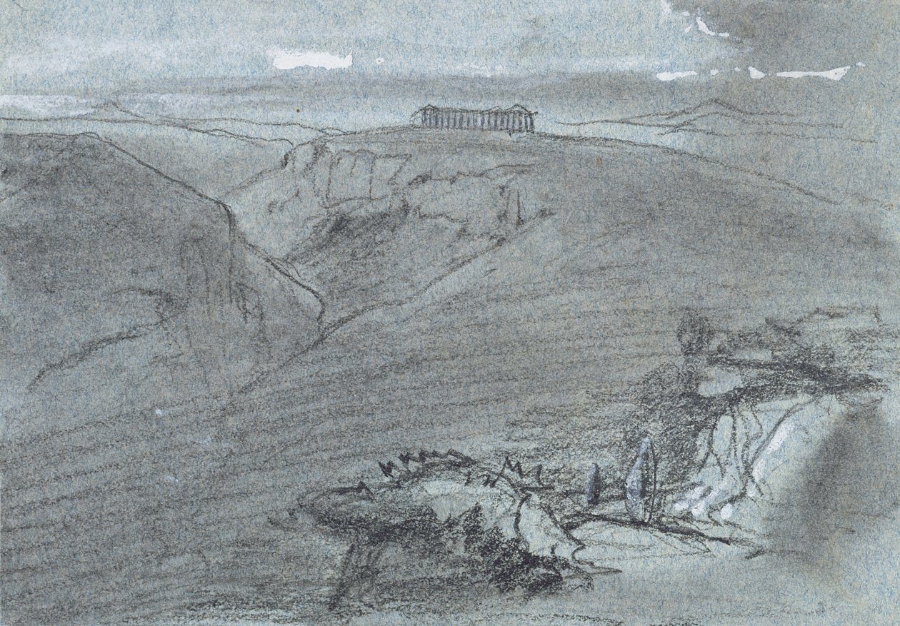 Segesta, "Sisilian näkymät" (liitu ja guassi sinisellä paperilla) tekijältä Edward Lear