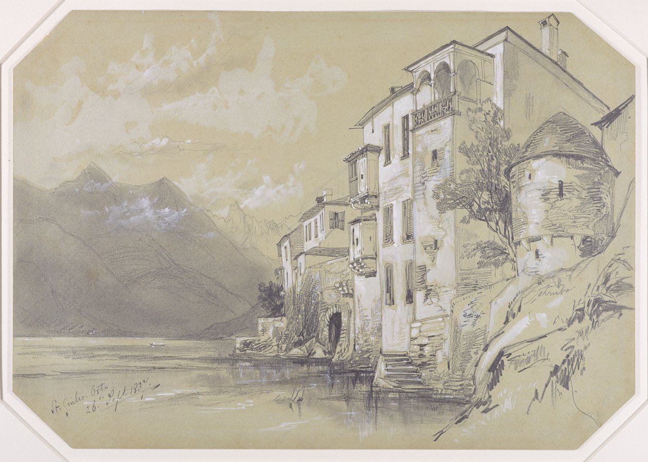 St. Giulio, Orta, 26. syyskuuta 1837, 1837 (grafiittia, kanto ja valkoinen guassi ruskealla kudospaperilla) tekijältä Edward Lear