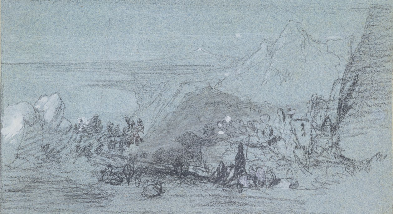 Taormina, Näkymät Sisiliaan (liitu ja guassi sinisellä paperilla) tekijältä Edward Lear