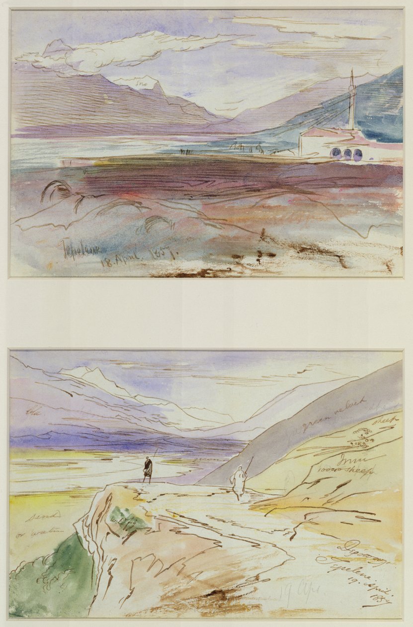 Tepelene, 1857 (kynä, muste ja wc kudottupaperille laitettuna laudalle) tekijältä Edward Lear