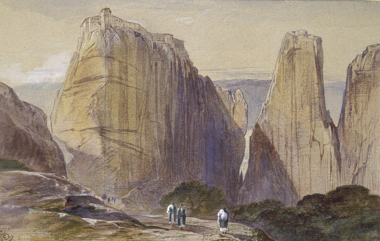 Meteoran luostari (akvarelli- ja vartaloväri harmaasiniselle paperille) tekijältä Edward Lear