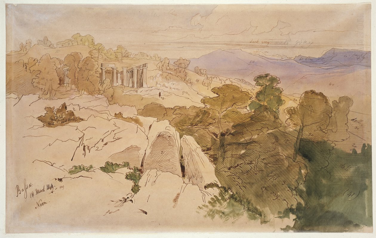 Apollon temppeli Bassaessa, Kreikka, 1849 (kynä ja ruskea muste, akvarelli ja öljyväri ruskealle paperille). tekijältä Edward Lear