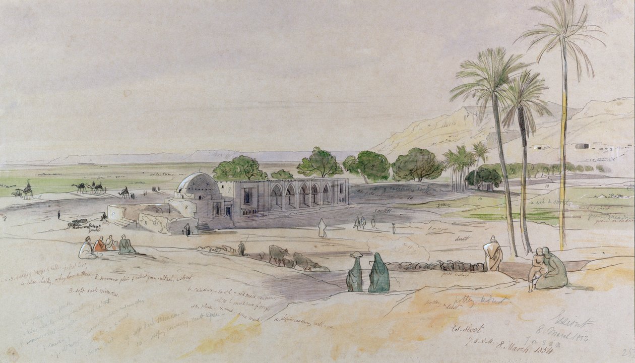The Wadi, Es-Sioot, Egypti, 1854 (wc, kynä ja muste) tekijältä Edward Lear
