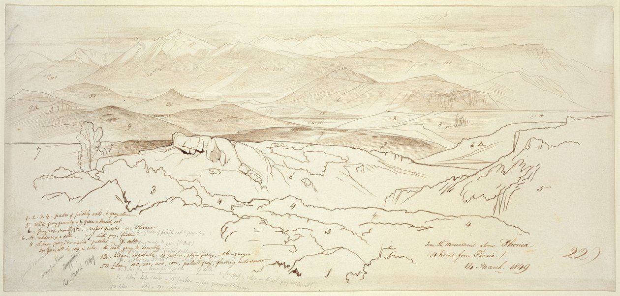 Näkymä Phonian yläpuolella olevilta vuorilta, 1849 (kynä ja ruskea muste, grafiitti ja luonnonvalkoinen paperi). tekijältä Edward Lear