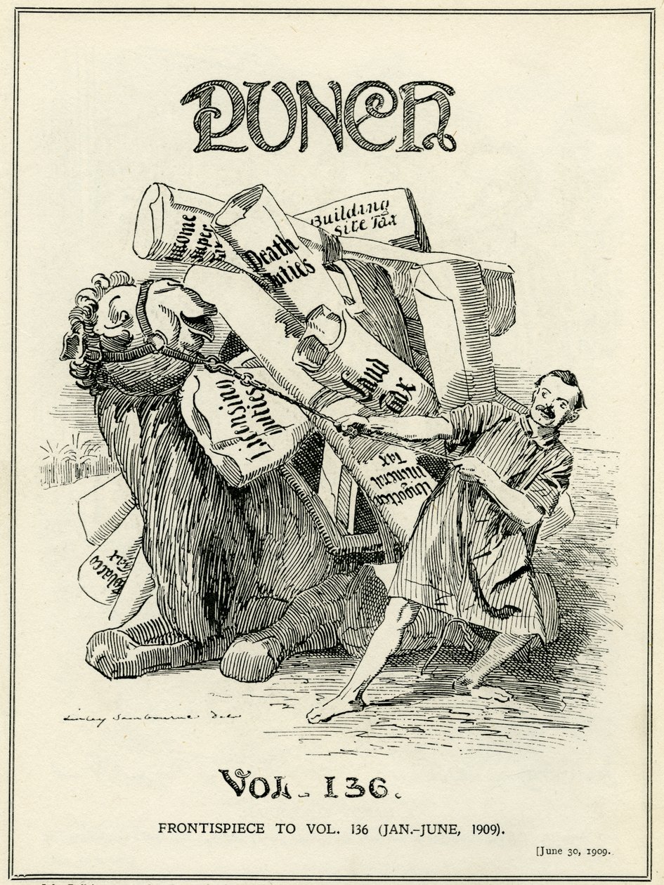 John Bull, joka on kuvattu kamelina, on haluton kantamaan Lloyd Georgen 30. kesäkuuta 1909 ilmestyneen Punch Magazine -lehden "The People