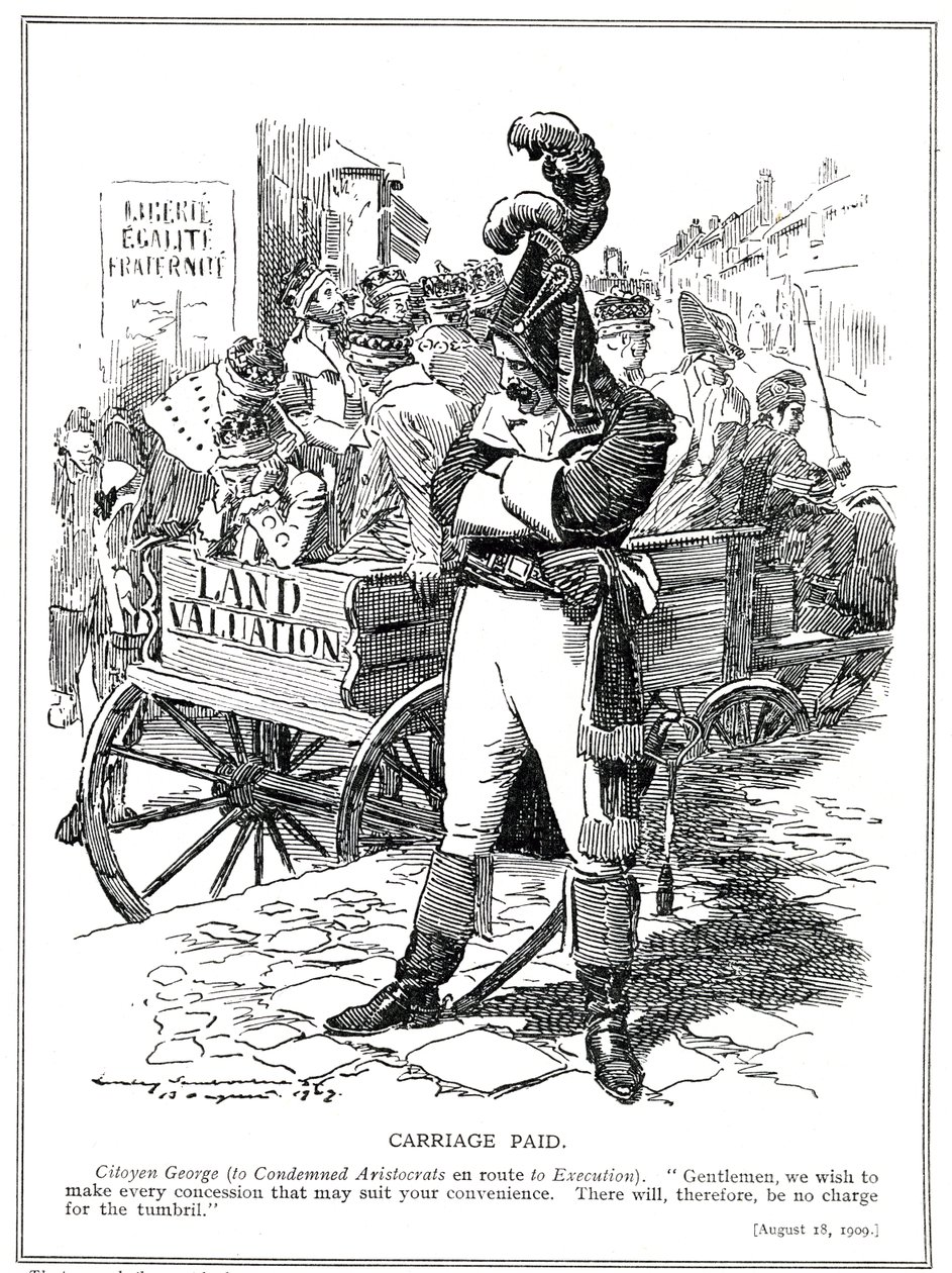 Lloyd George "Citoyen Georgena" vakuuttaa aristokraatteja, jotka hänen "kansanbudjettinsa" tuomitsi maksamaan veroja maan myyntivoitoista, 1909 tekijältä Edward Linley Sambourne