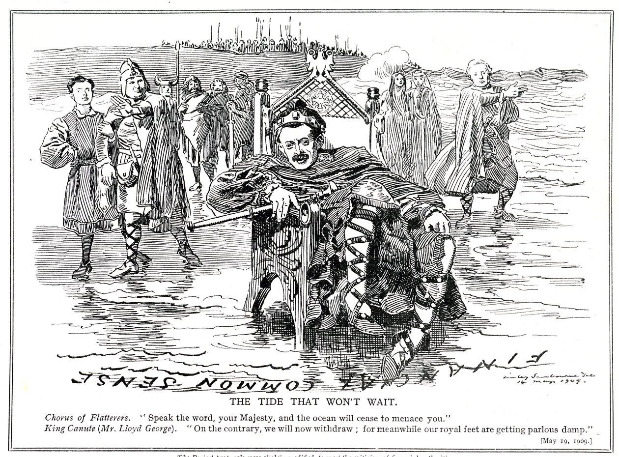 Lloyd George "kuningas Canutena" päättää muuttaa budjettiehdotuksiaan rahoitusviranomaisten kritiikin jälkeen, 1909 tekijältä Edward Linley Sambourne