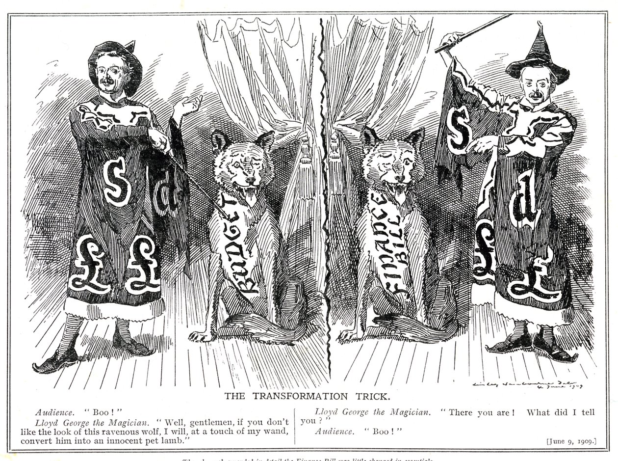 Lloyd George, "Taikuri" saa aikaan maagisen muutoksen vuoden 1909 "kansan budjetin" budjettiehdotuksiin. tekijältä Edward Linley Sambourne