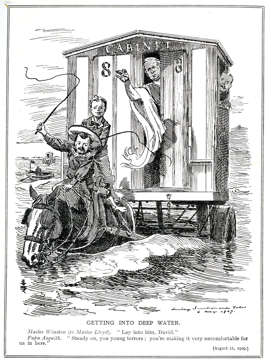 Pääministeri Asquith estää Lloyd Georgea ja Winston Churchilliä aiheuttamasta levottomuutta kiihkeillä puheillaan työttömien auttamista ja vähimmäispalkan käyttöönottoa, 1909 (lith tekijältä Edward Linley Sambourne