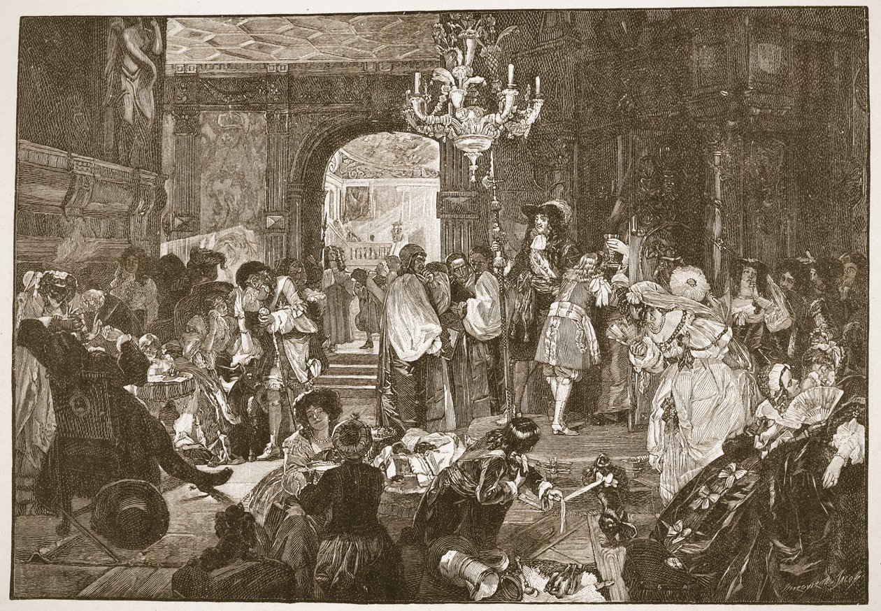 Whitehallin etuhuone Kaarle II:n kuolinhetkillä, kuvitus teoksesta "Englannin kirkko: A History for the People", H.D.M. Spence-Jones, julkaisu n. 1910 (seepiakuva). tekijältä Edward Matthew Ward